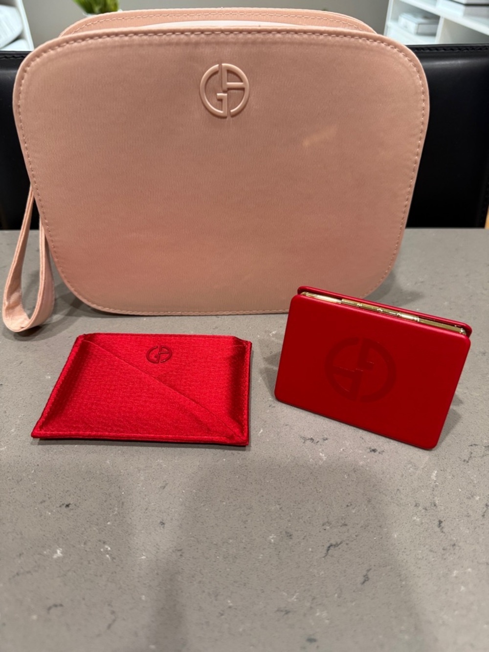 Giorgio Armani Pink Makeup Bag  w/Red Compact Mirror & Pouch. New/Never Used